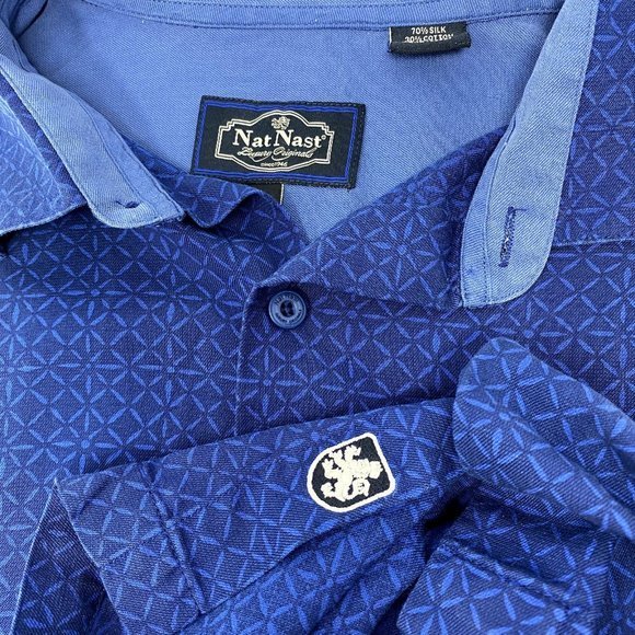 Nat Nast Mens‎ Shirt Size Large Short Sleeve Button Up Blue Silk blend - Picture 2 of 8